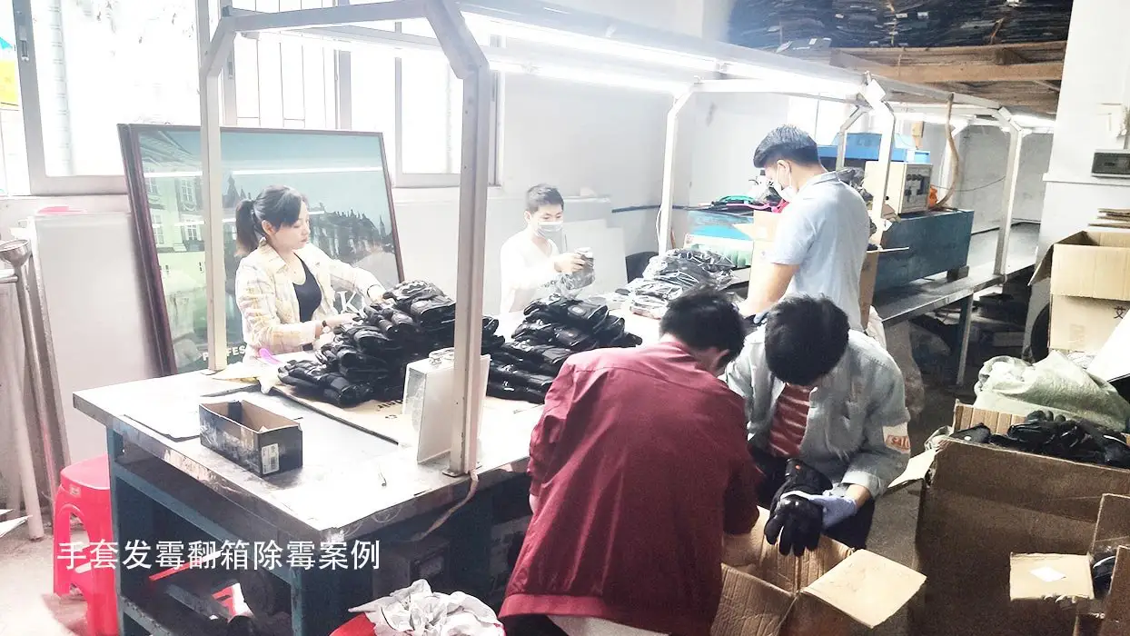 浸胶手套翻箱除霉案例实拍:成箱手套翻检处理,是仓储受潮后返工的典型场景