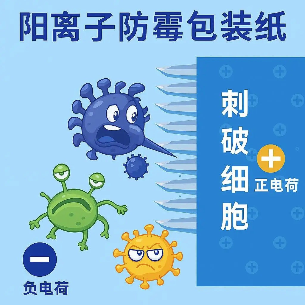 阳离子防霉包装纸原理示意:正电荷刺破霉菌细胞,不释放不游移