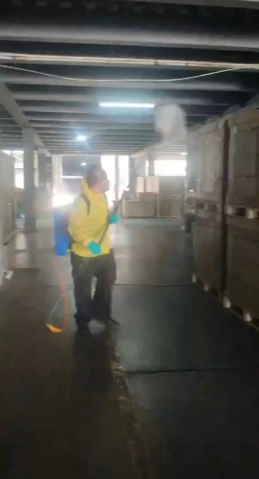 仓库内工作人员背喷雾器对存货做防霉处理作业