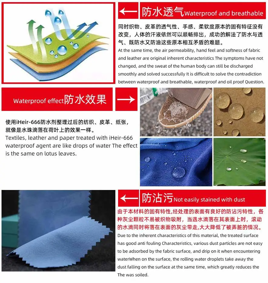 拒水测试：处理后的织物表面水滴成珠不铺展，用于判定淋水等级