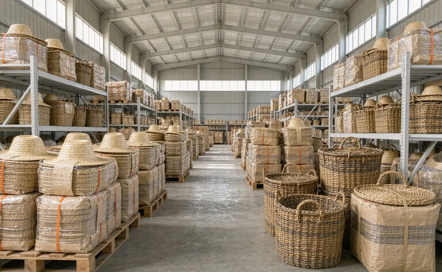 Grass-weave finished-goods export warehouse: paper-rope baskets and straw hats stacked clear of the wall