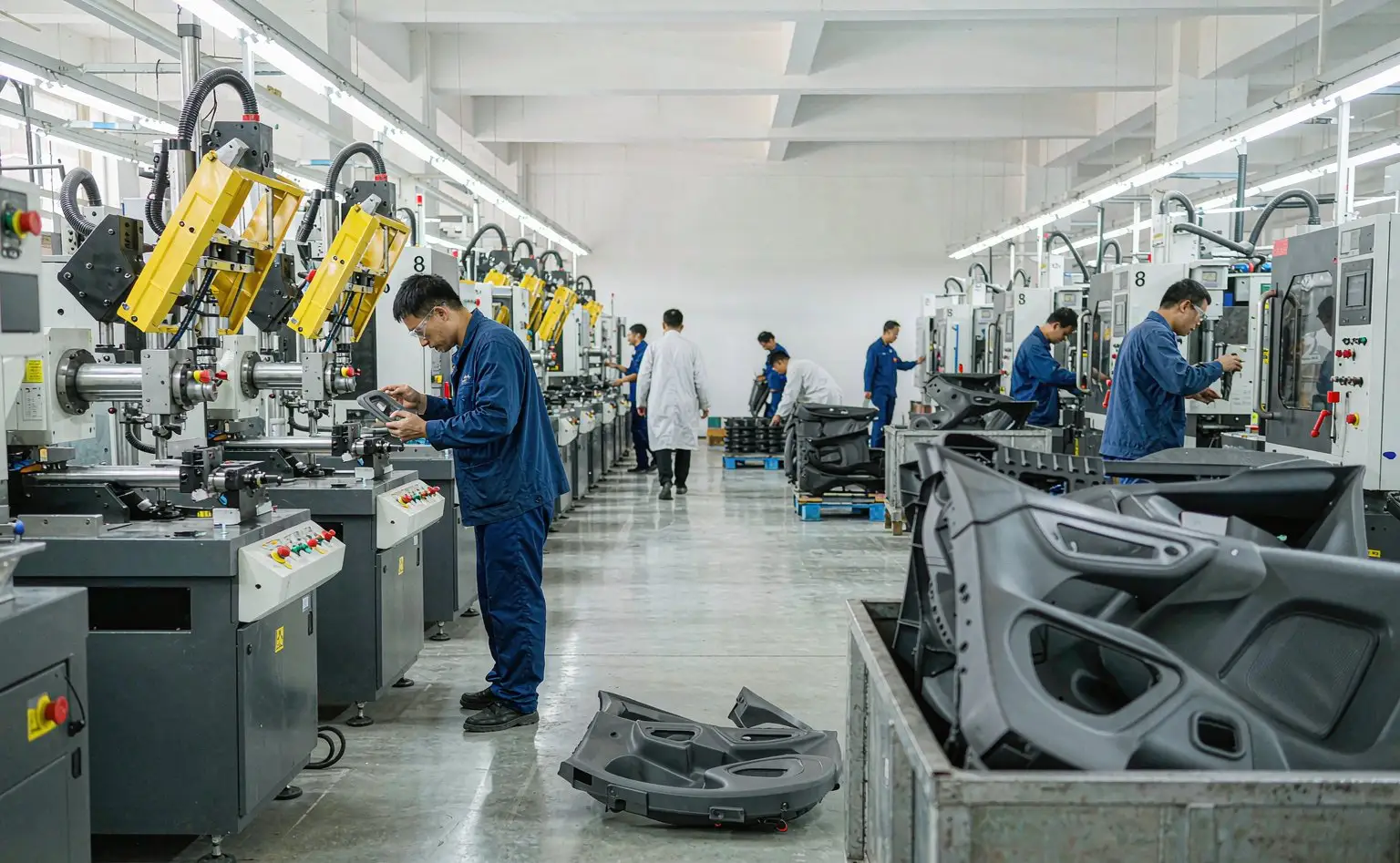 Injection moulding workshop for automotive interior parts: moulding machines and a bin of door panel and armrest parts