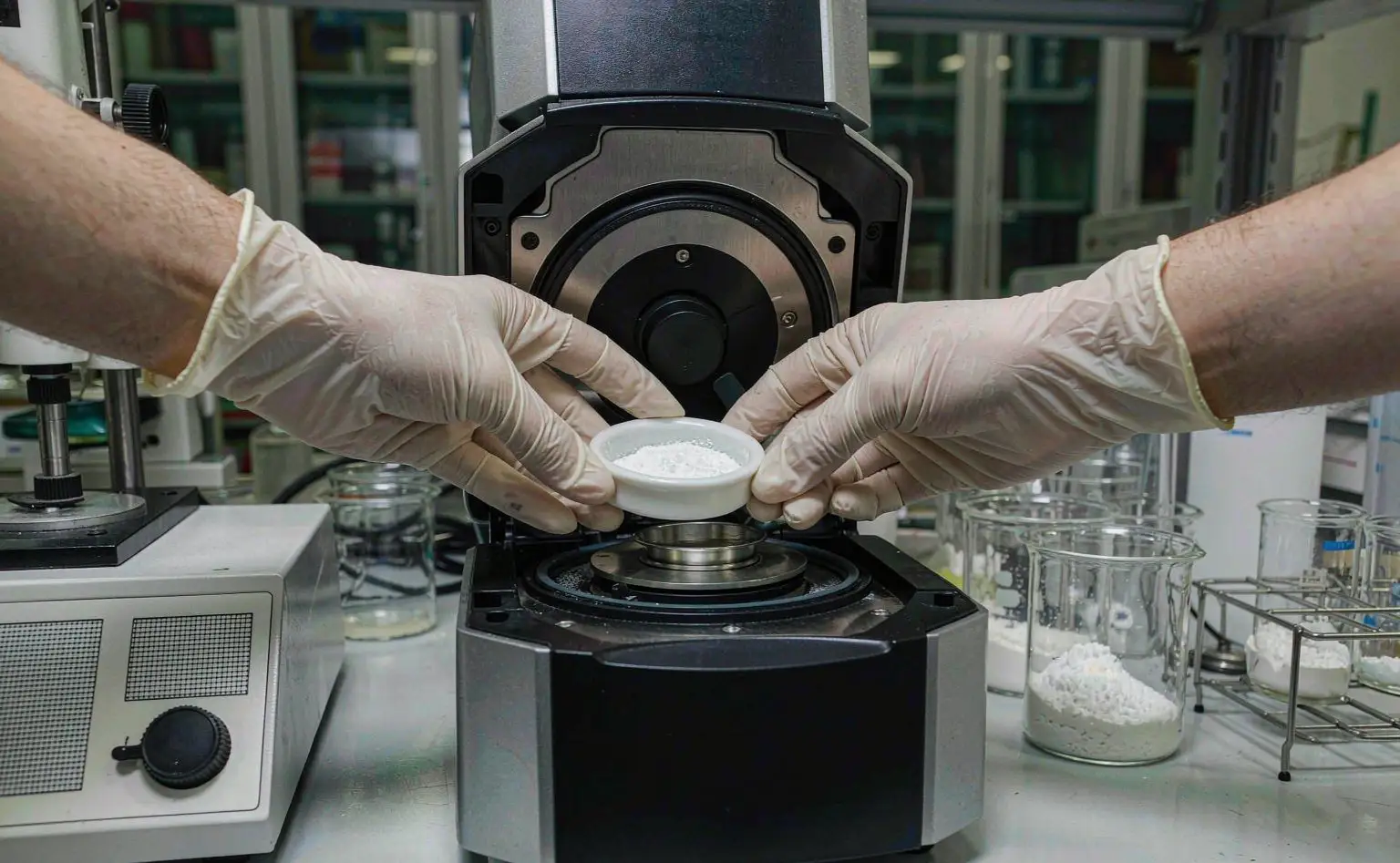 Laboratory: gloved hands placing a dish of white powder into a benchtop particle size analyser, a whiteness meter and beakers of powder beside it