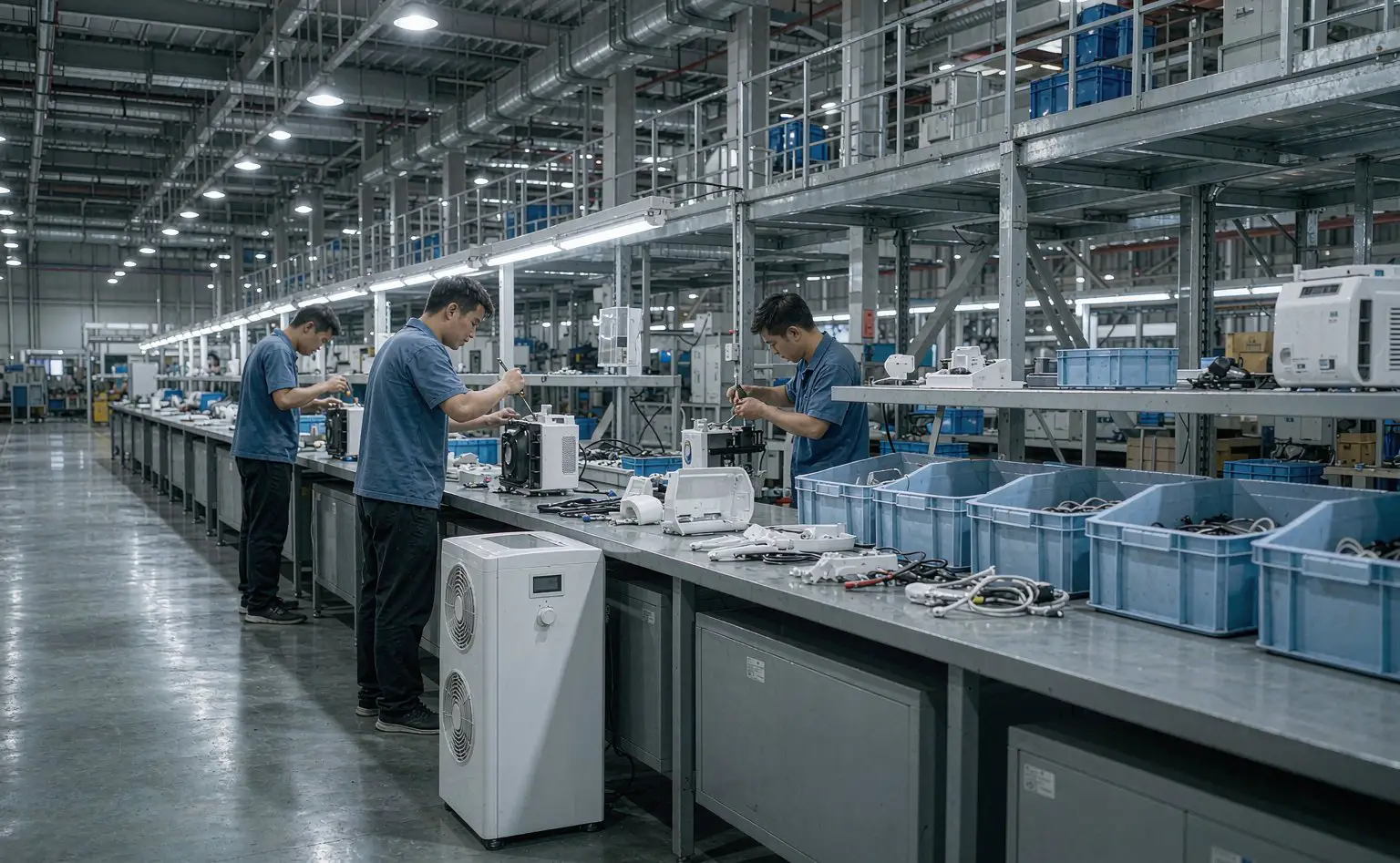 Small appliance assembly shop: workers fitting kitchen appliances at a long bench, a white dehumidifier standing beside the line and blue bins of shells and wiring
