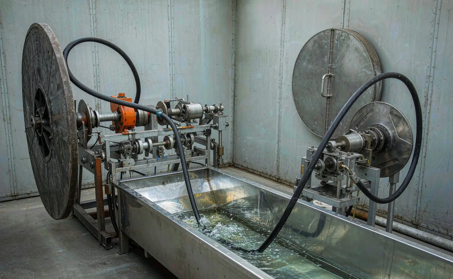 Cable extrusion shop: black sheathed cable drawn continuously from the extruder head, cooled in a water trough and wound onto a take-up reel