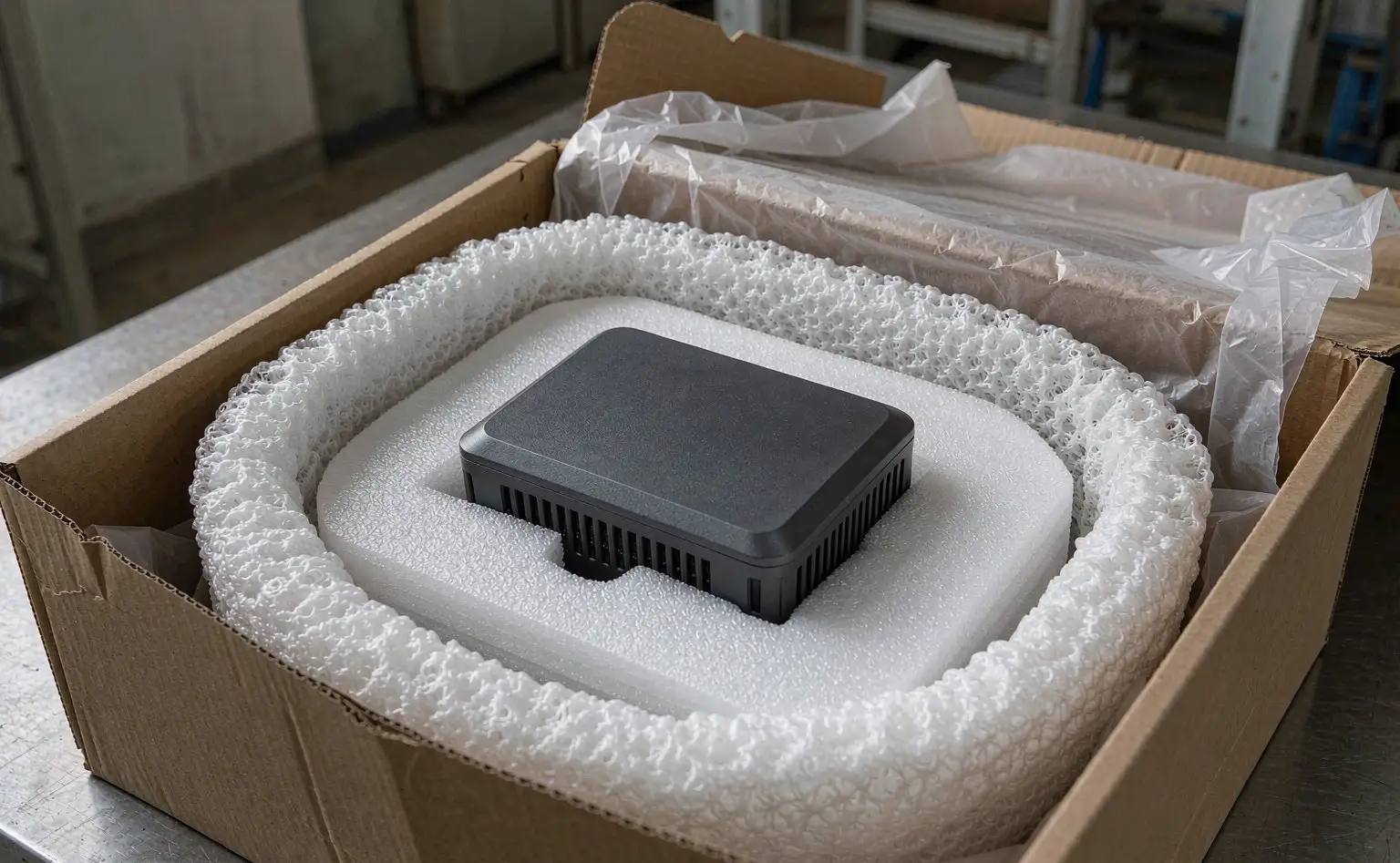 包装作业台：打开的灯具纸箱里放着白色泡沫与珍珠棉内衬，产品卡在内衬凹槽中，箱底铺着一张防霉纸