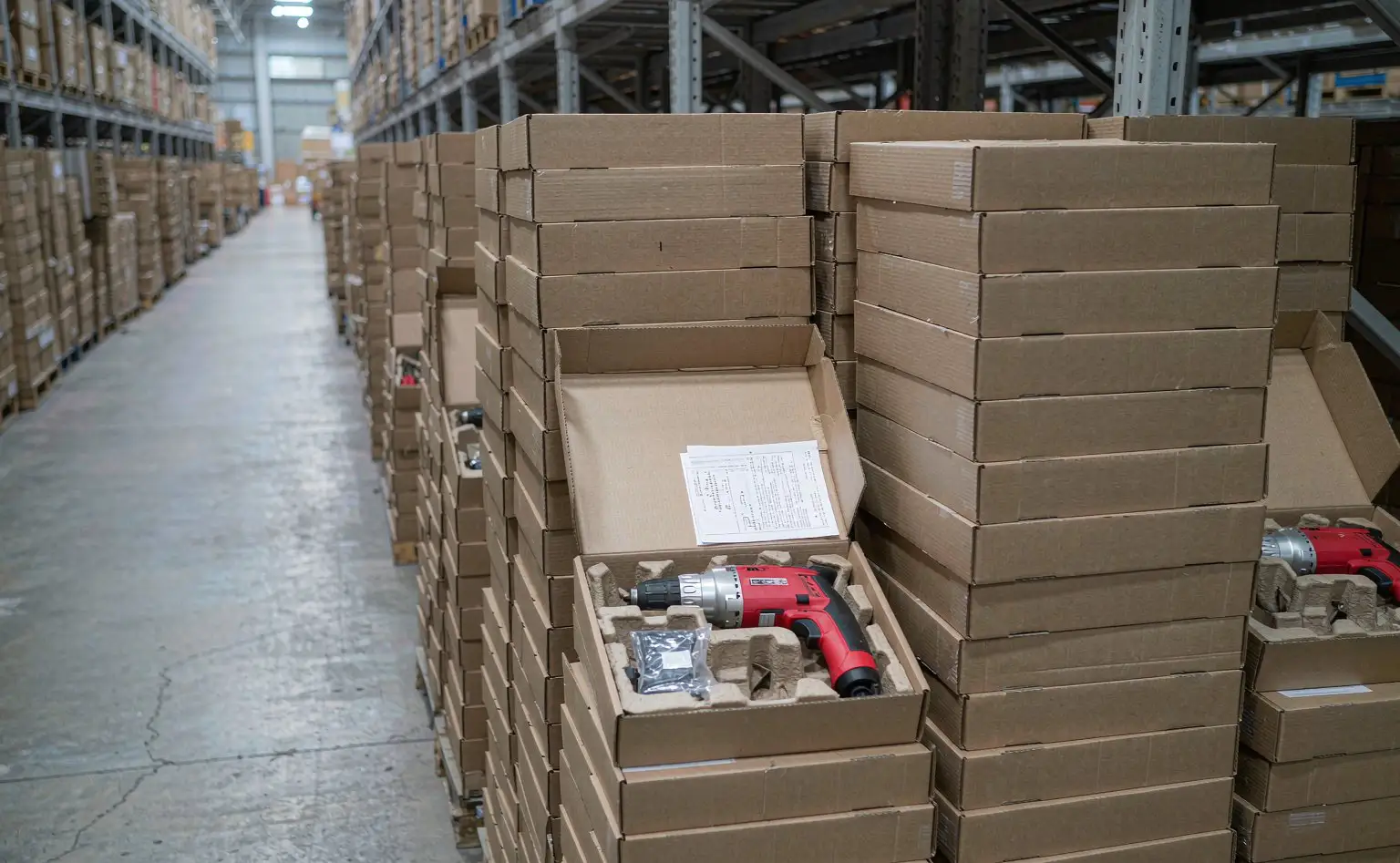 电动工具成品仓:纸箱里的电钻整机按层码放,箱内放着说明与配件袋,货架离墙留出通道
