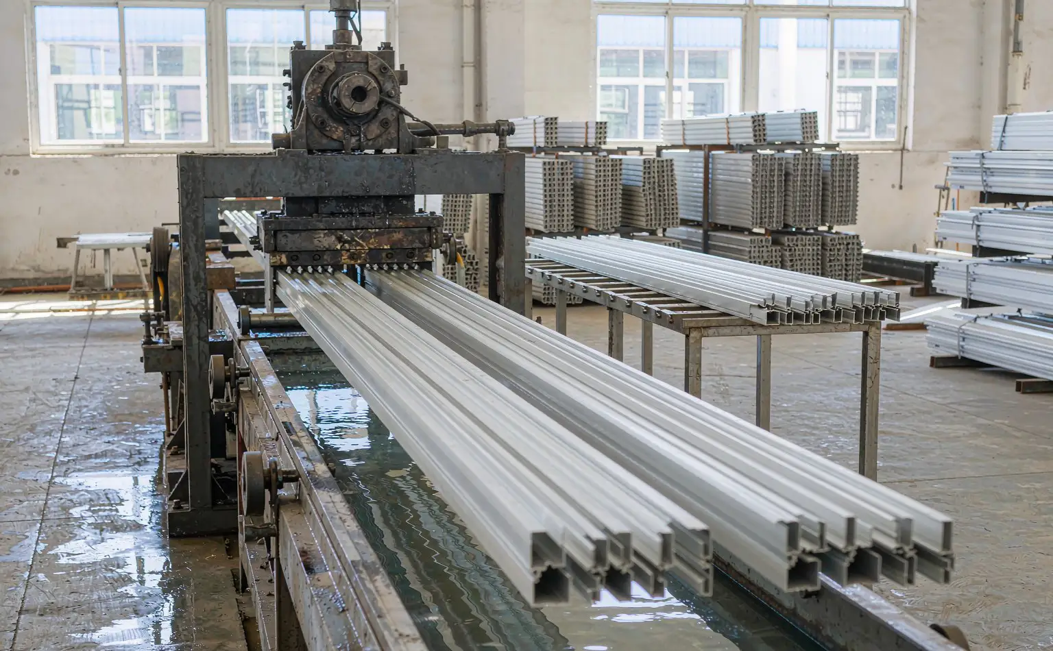 Profile extrusion shop: aluminium door and window profiles leaving the die head and running along the cooling trough towards the cutting table and racks