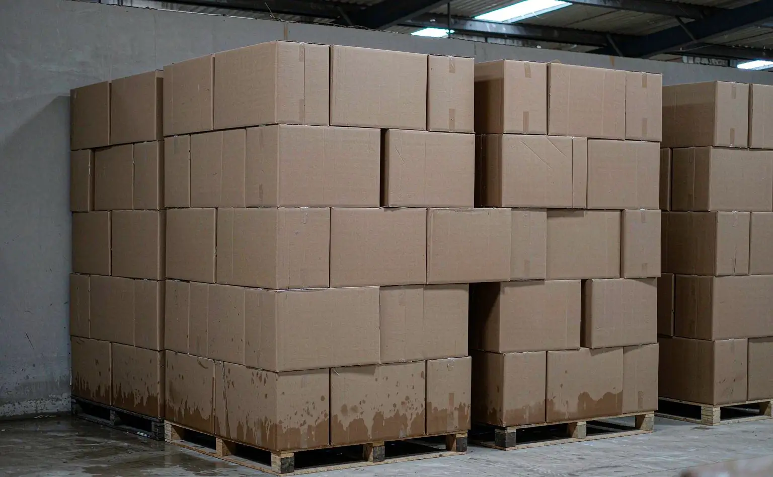Finished-goods store: cartons stacked in layers on pallets, damp marks visible on the side panels