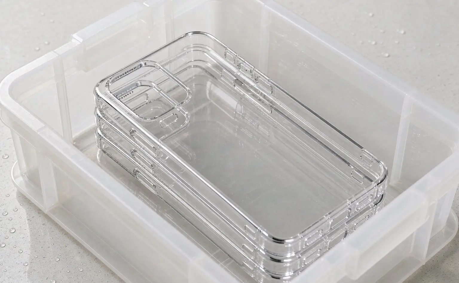 PC hard cases: clear hard shells stacked in a bin ready for assembly