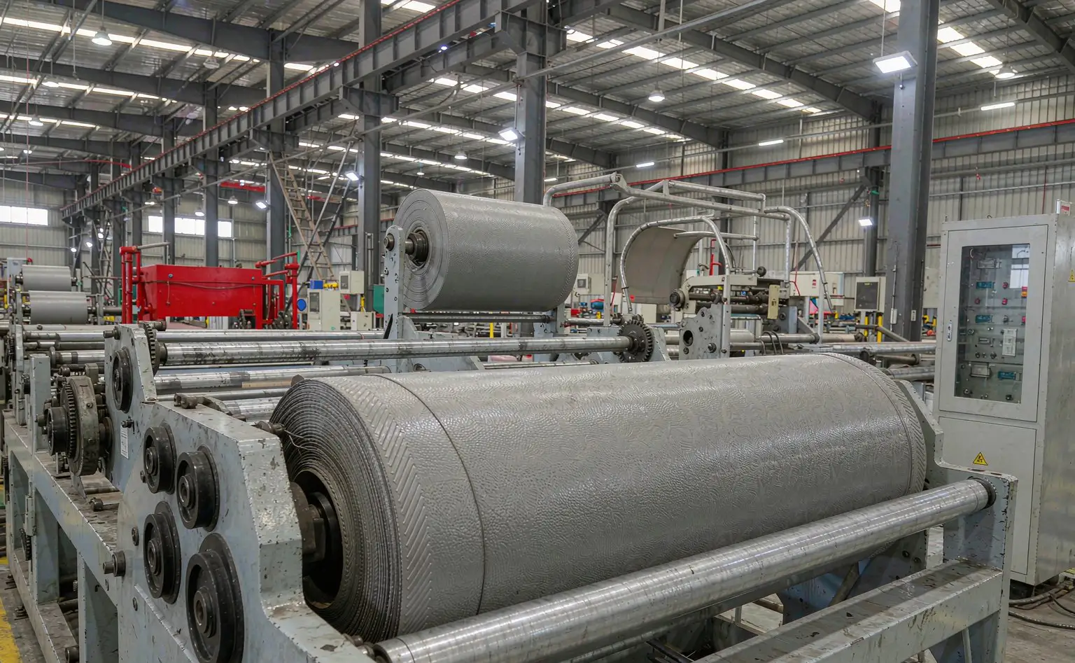 Automotive PVC skin line: grey grained PVC rolls unwinding on the machine before the next process step
