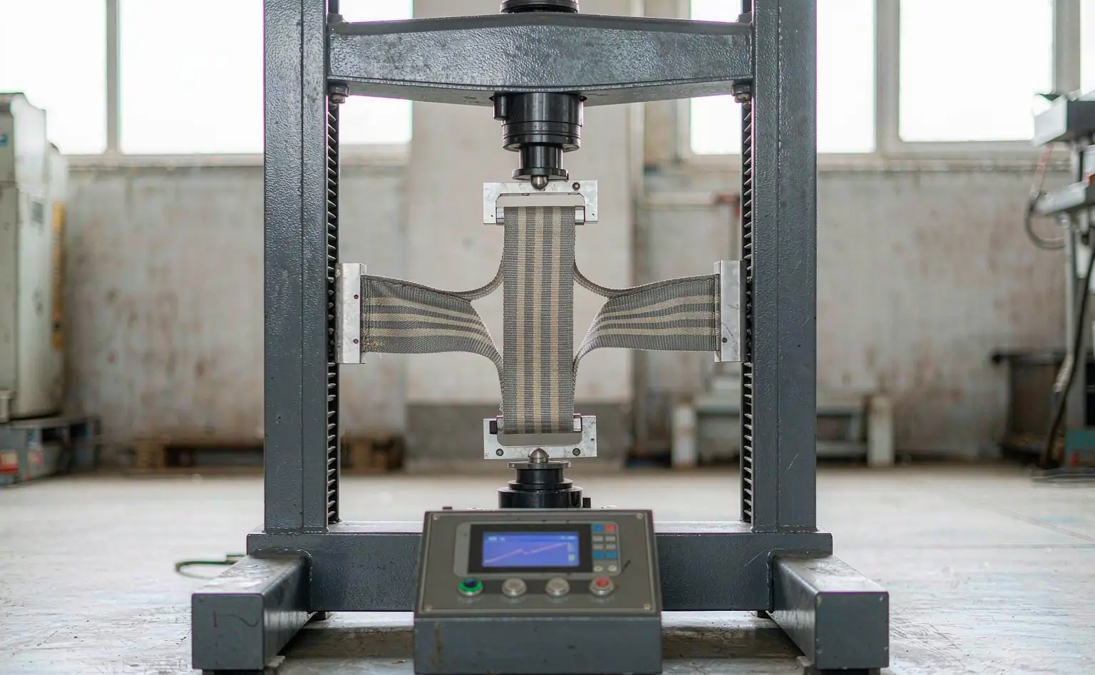 Tensile testing machine: a webbing sample clamped between upper and lower grips, a digital display reading beside it