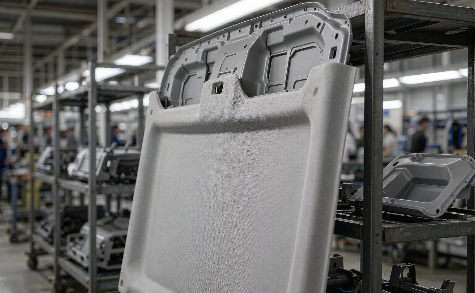 Finished car headliner: a shaped light-coloured headliner panel resting on a stand, its face showing a textile texture