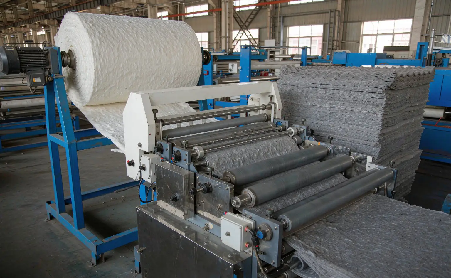 Laminating line: PET cotton feeding through laminating rollers together with acoustic foam, leaving as a full sheet of sound insulation